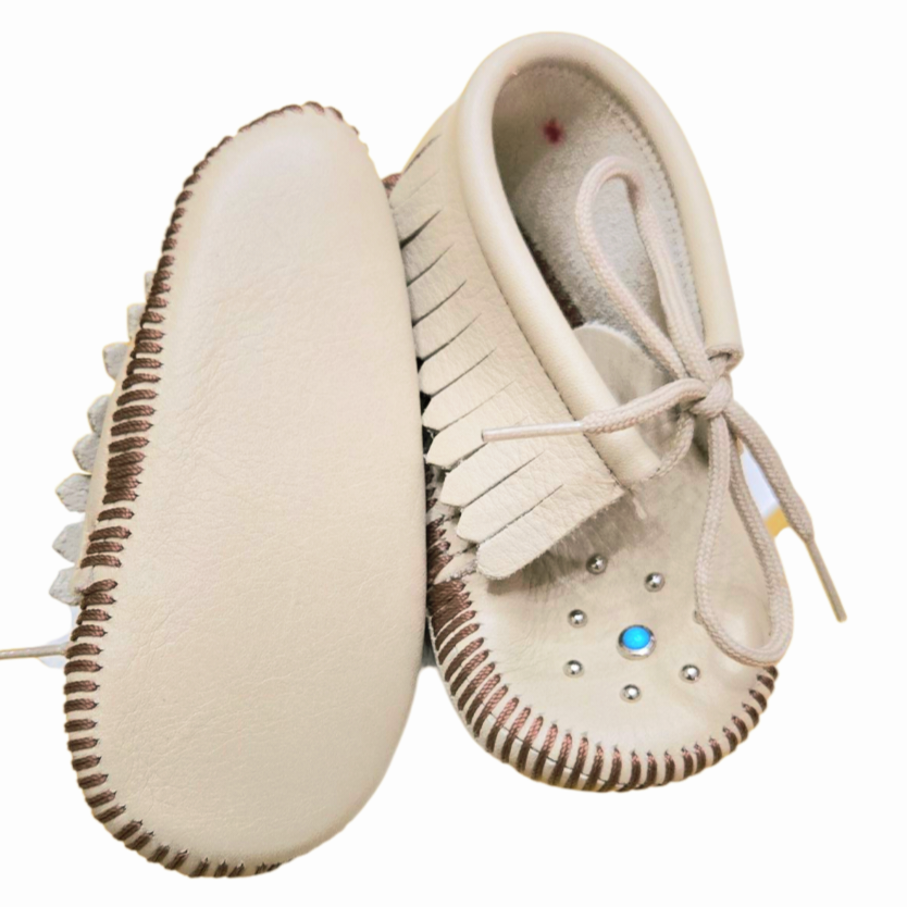 NIB *Adorable Tan Leather Beaded Baby Infant Moccasin Shoes (Size 5)