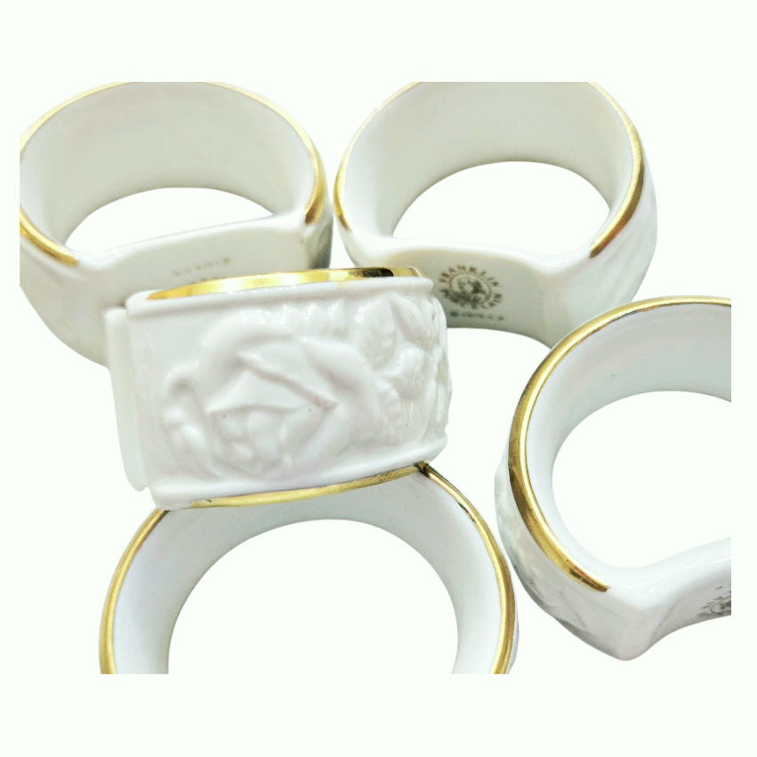 Vintage *Eight (8) Franklin White Porcelain Rose Napkin Rings w/ Gold Trim (1979)