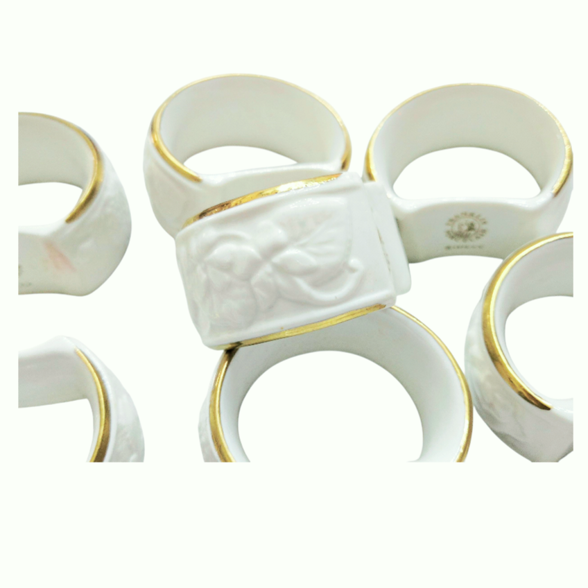 Vintage *Eight (8) Franklin White Porcelain Rose Napkin Rings w/ Gold Trim (1979)