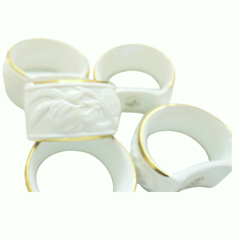 Vintage *Eight (8) Franklin White Porcelain Rose Napkin Rings w/ Gold Trim (1979)