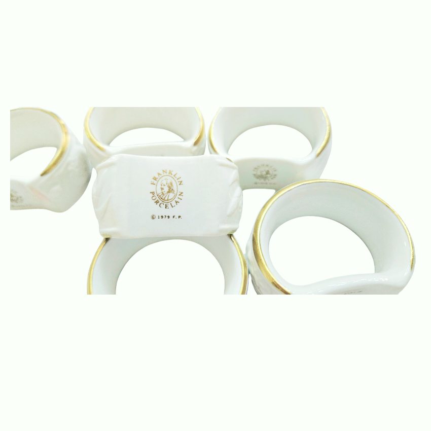 Vintage *Eight (8) Franklin White Porcelain Rose Napkin Rings w/ Gold Trim (1979)