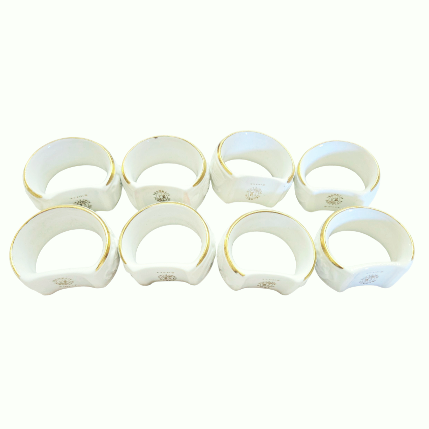Vintage *Eight (8) Franklin White Porcelain Rose Napkin Rings w/ Gold Trim (1979)