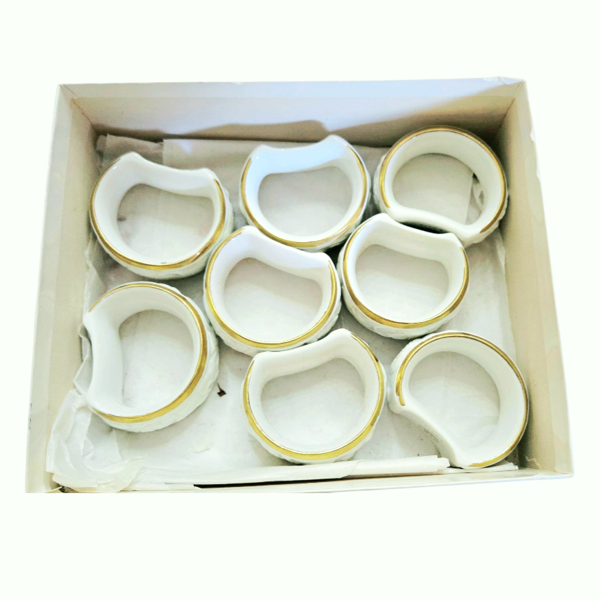 Vintage *Eight (8) Franklin White Porcelain Rose Napkin Rings w/ Gold Trim (1979)