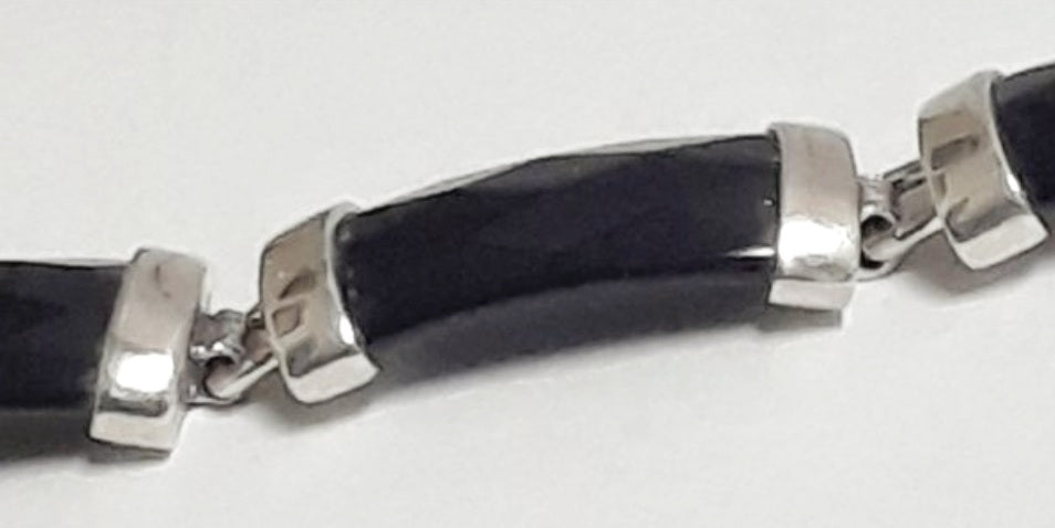 Beautiful *Sterling Silver .926 Segmented Onyx Link 7" Bracelet "Good Fortune"