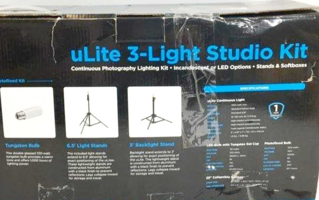Westcott Ulite 3-light Studio Kit Stands Boxes 35-watt LED & Photoflood Bulbs #403L