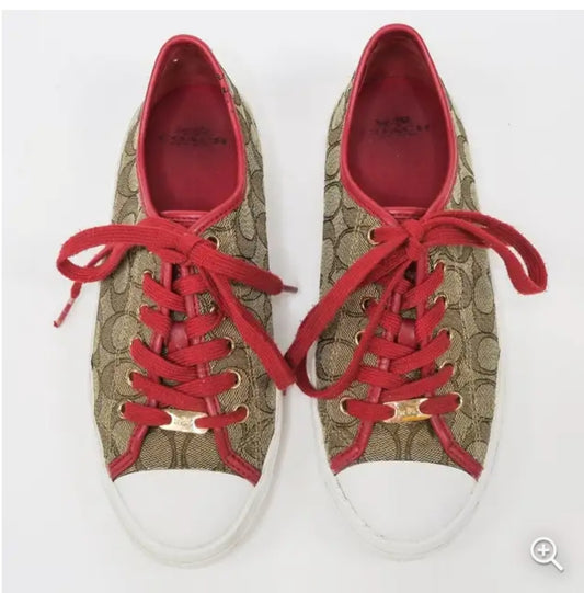 COACH *Empire Outline Canvas Sneakers - Tan & Red (Size 8B)