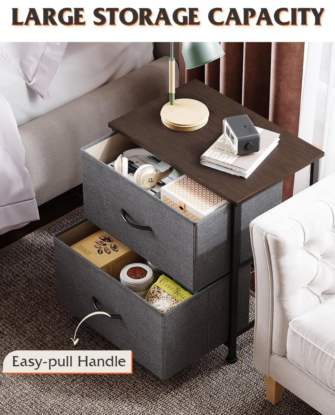 NEW *Dark Grey Nightstand w/ 2-Drawers Bedside Fabric Bins Steel Frame 18"x12"x20"