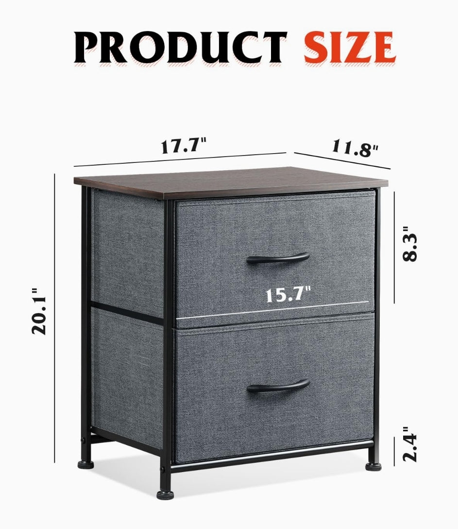 NEW *Dark Grey Nightstand w/ 2-Drawers Bedside Fabric Bins Steel Frame 18"x12"x20"