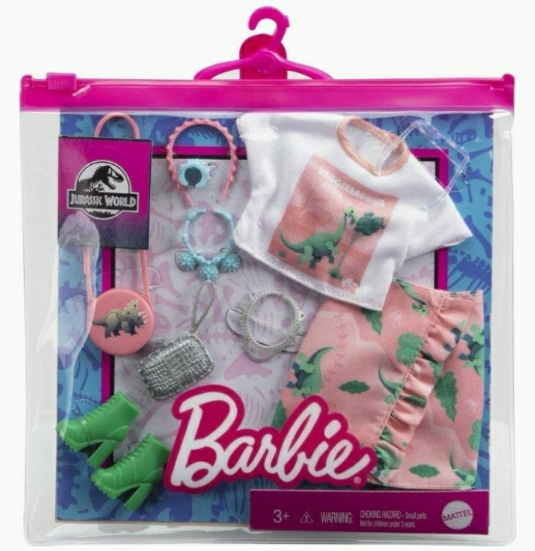 NEW *Barbie Jurassic World Fashion Outfit w/ Accessories  Pink Dino Skirt 2021 Mattel