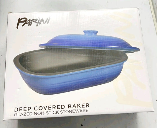 NIB *Parini Deep Covered Baker Nonstick Glazed Blue Ceramic Stoneware