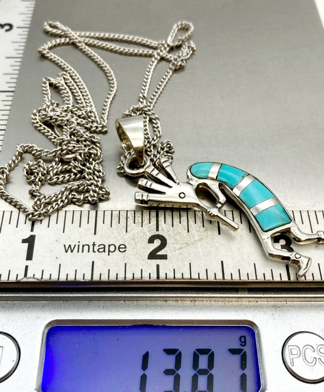 Beautiful *Sterling Silver & Turquoise Inlay KOKOPELLI Necklace 17" Long (13 grams)