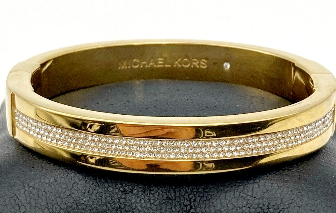 Michael Kors Women's Yellow Gold Stainless Steel Crystal Logo Bracelet Bangle
