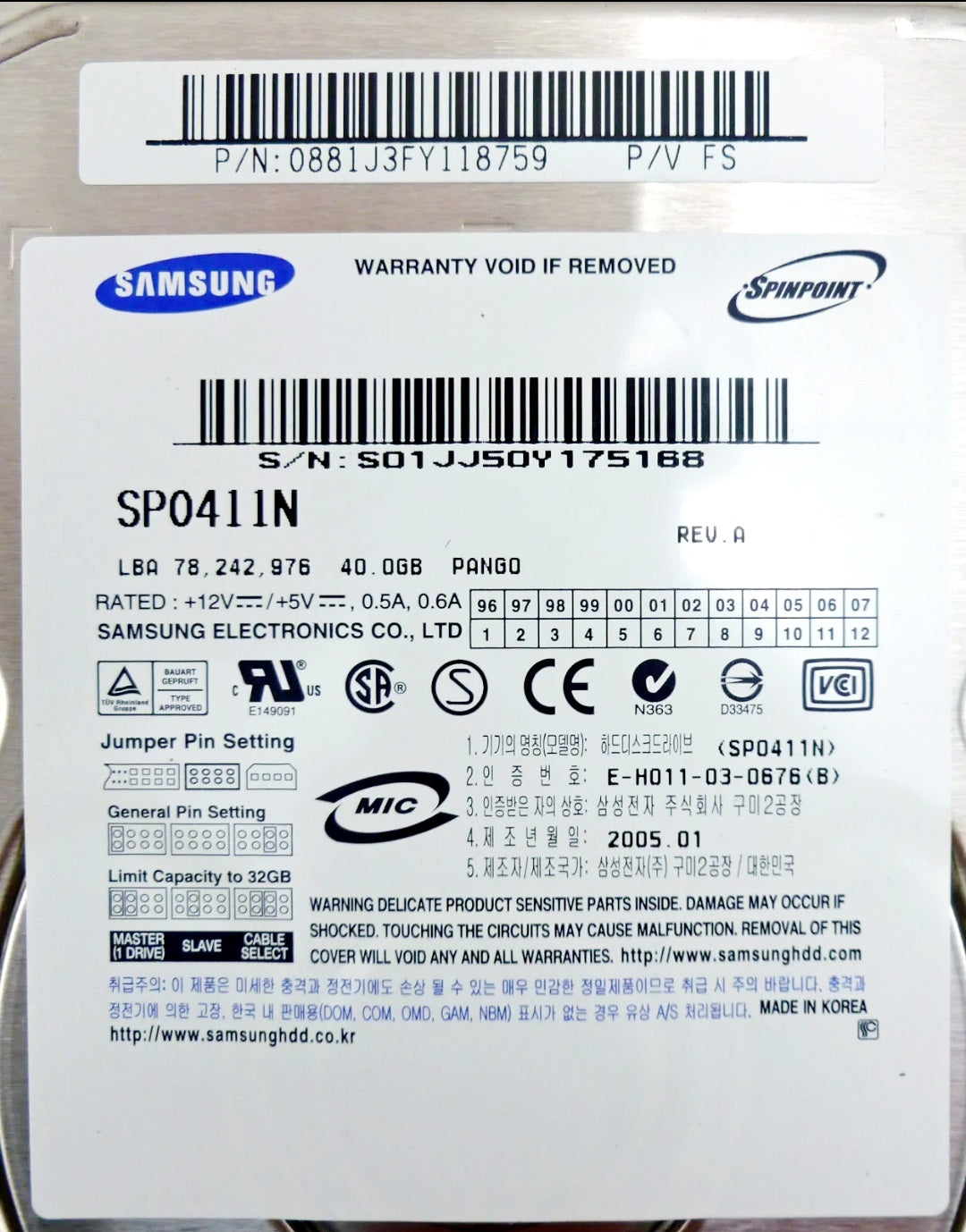 Samsung Spinpoint 40 GB IDE 3.5” Hard Drive SP0411N P/N 0881J3FY118759 [NEW]
