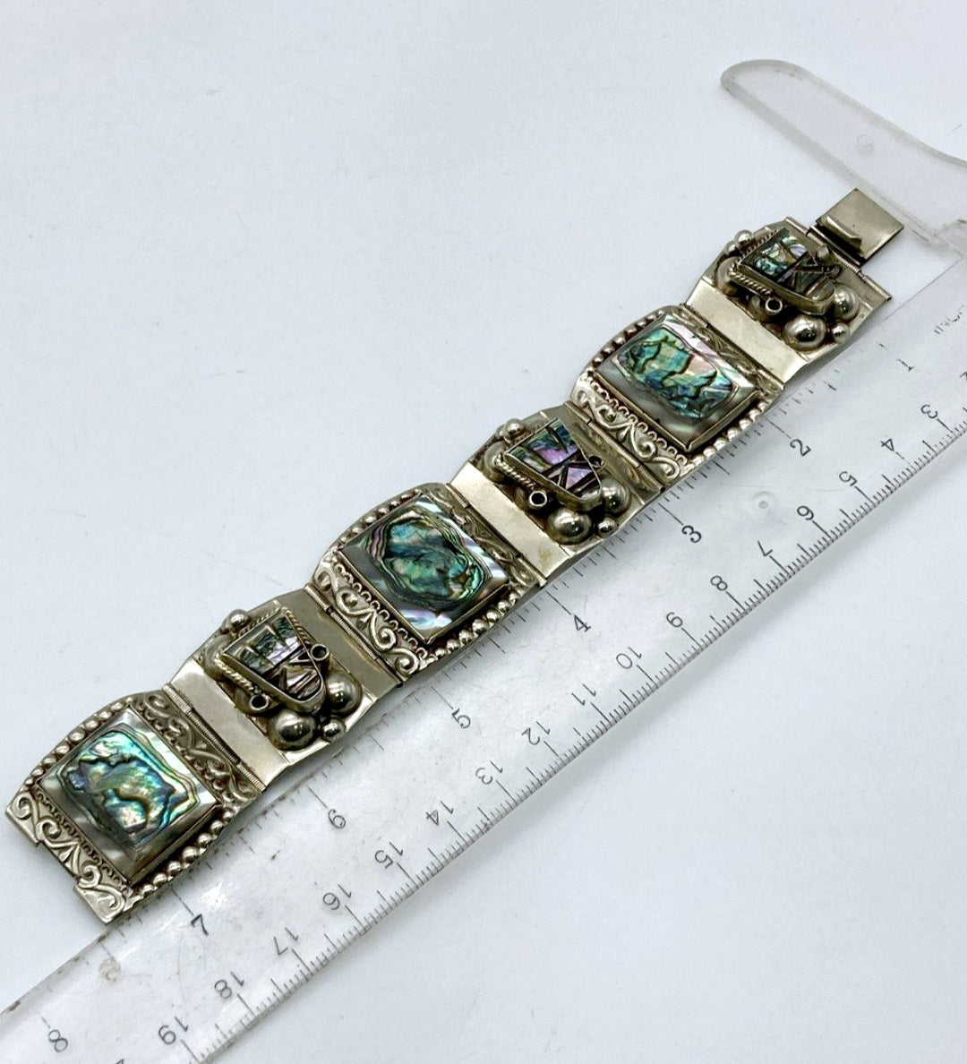 Nice *Vintage 50's Sterling Silver 925 Abalone Multi-Panel Hinged Carved Shell Bracelet