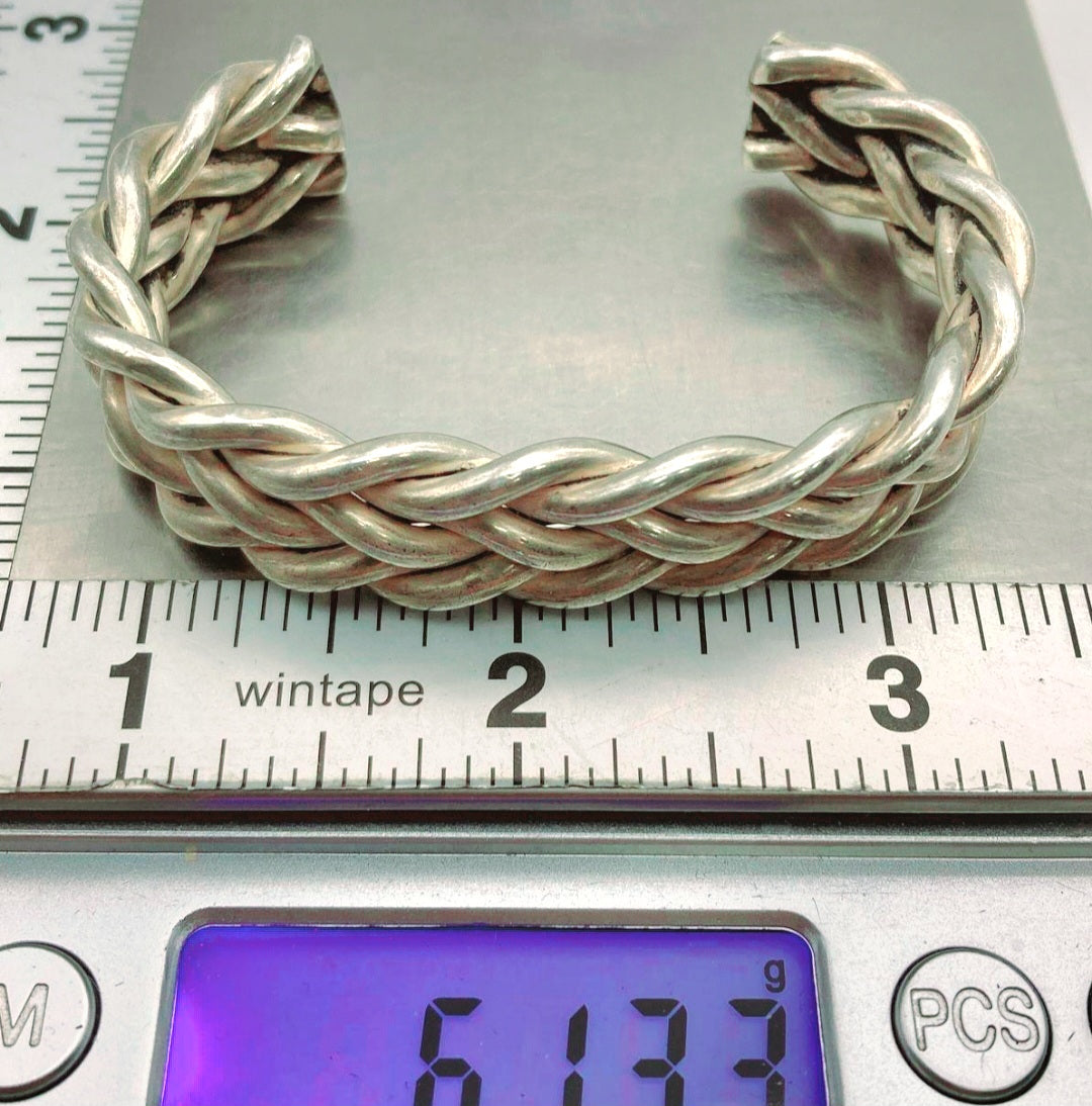 Beautiful *1950s Tribal Silver Cuff w/ Woven Braided Look Bracelet (61.3 Grams)