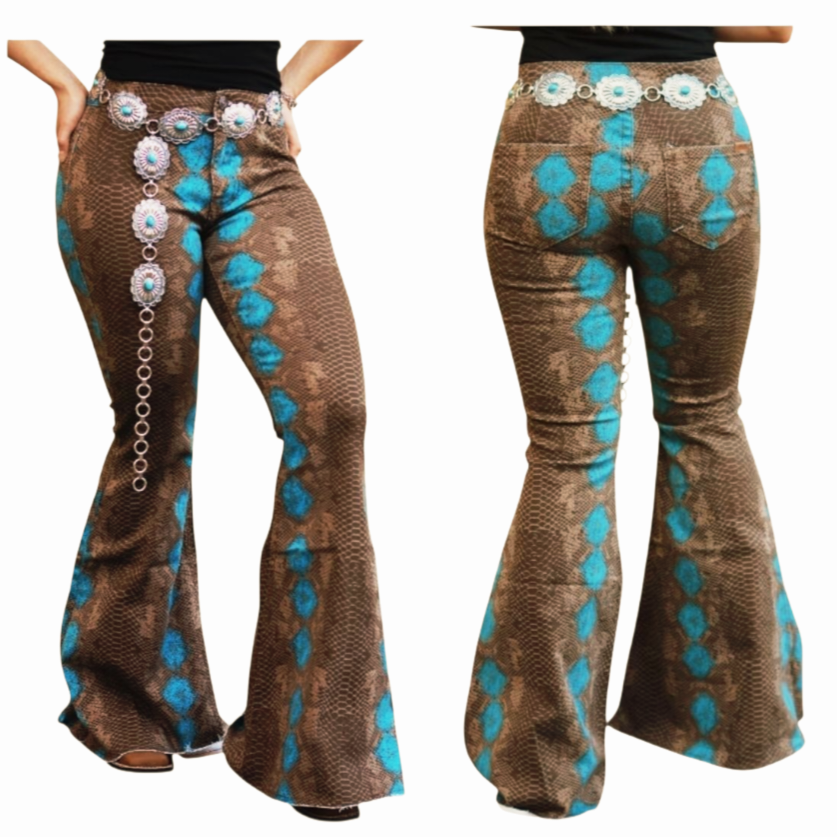 NWT *Rock & Roll Denim Ladies High Rise Brown Python Bell Botton (31x32)