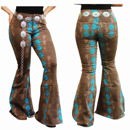 NWT *Rock & Roll Denim Ladies High Rise Brown Python Bell Botton (31x32)