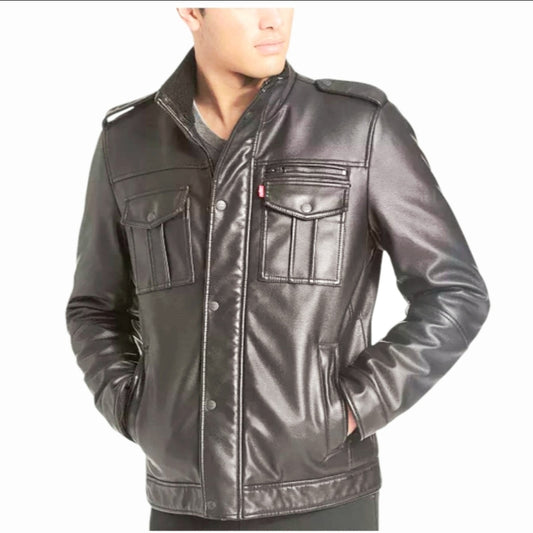 Levi's Black Faux Leather & Sherpa Fleece Men's Bomber Jacket Vtg (XL)