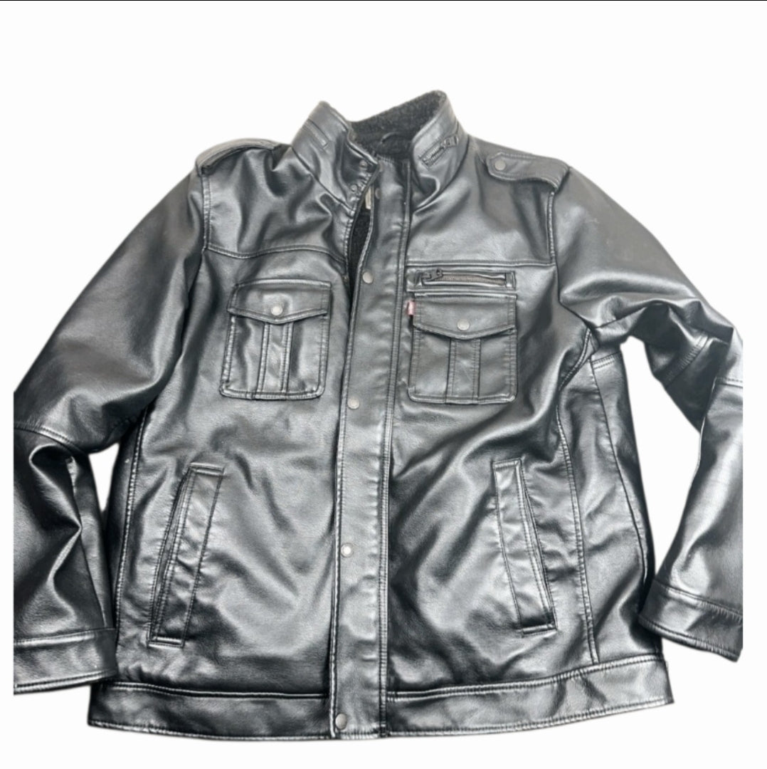 Levi's Black Faux Leather & Sherpa Fleece Men's Bomber Jacket Vtg (XL)