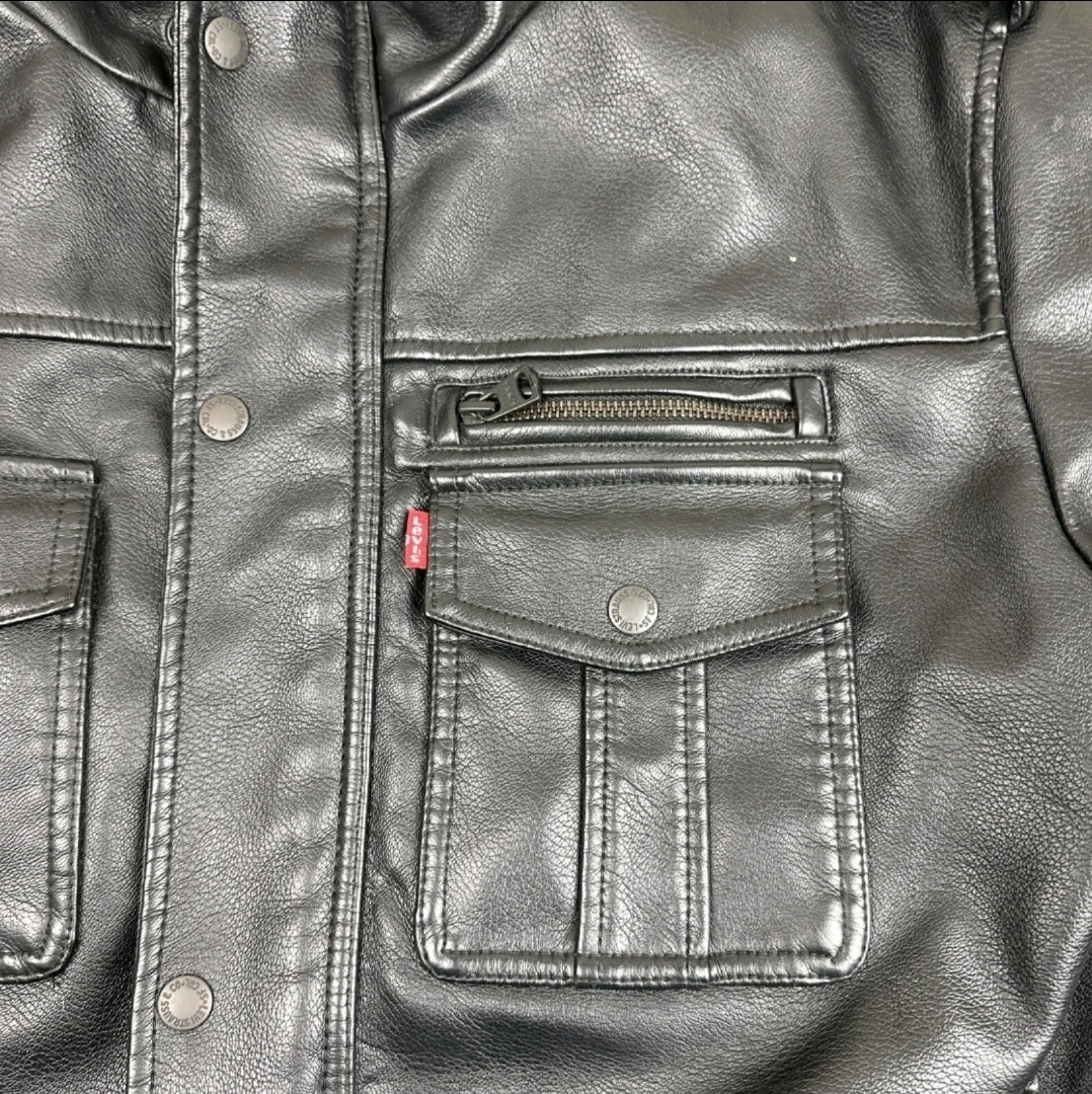 Levi's Black Faux Leather & Sherpa Fleece Men's Bomber Jacket Vtg (XL)