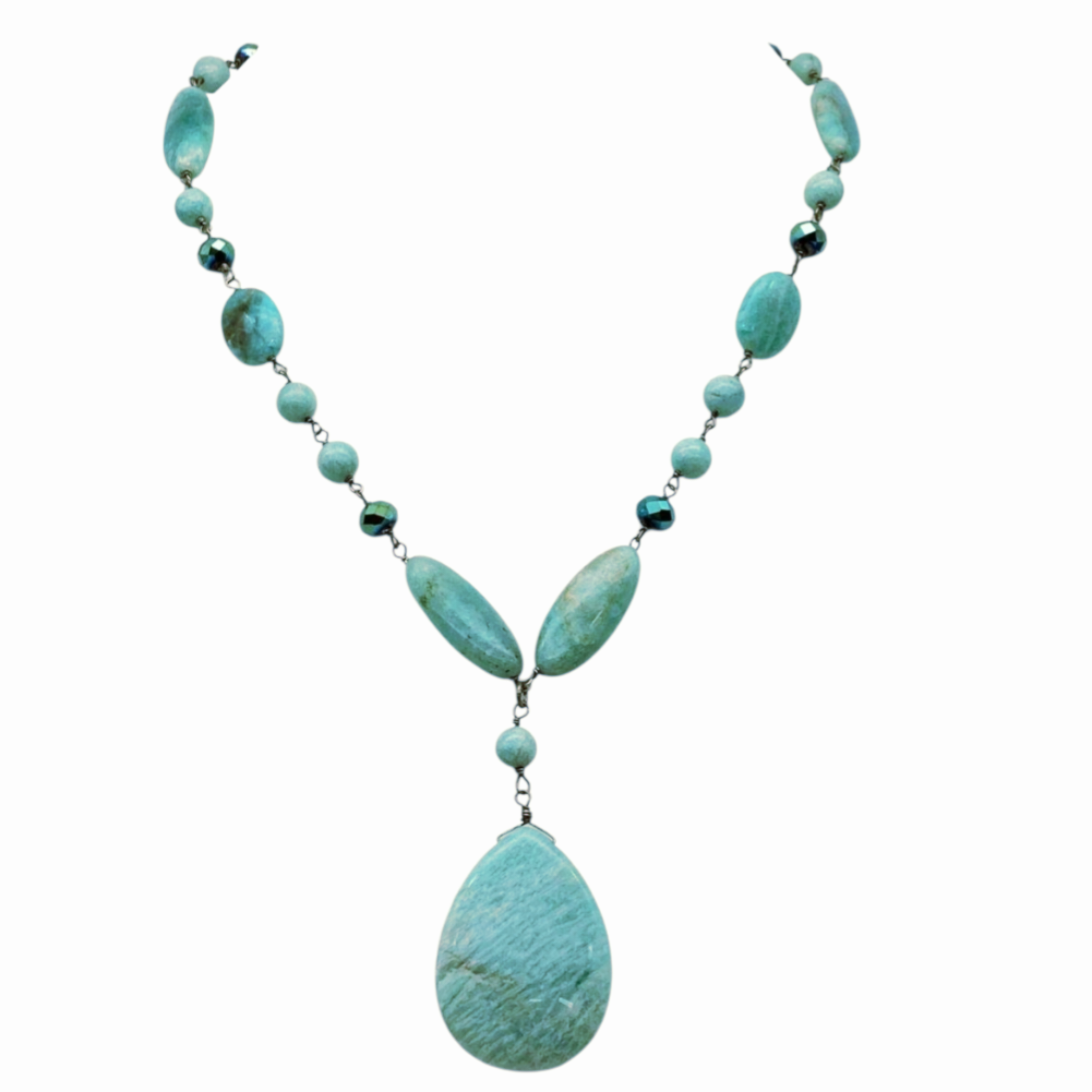 Beautiful *Peruvian Amazonite Beaded 13" Necklace w/ Polished Teardrop Pendant