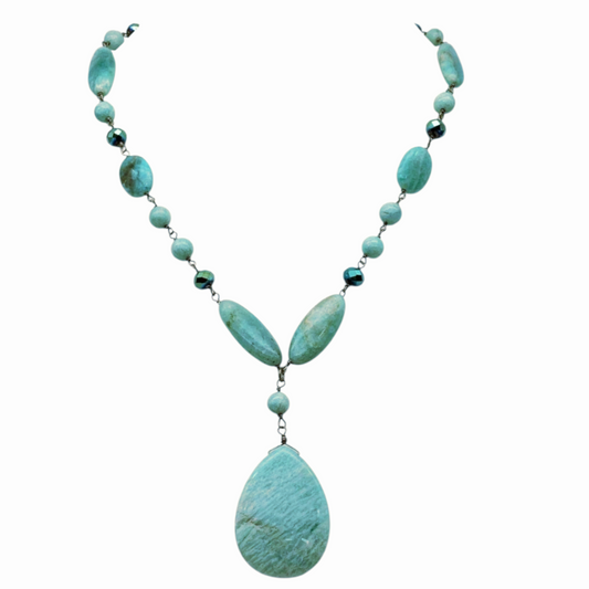 Beautiful *Peruvian Amazonite Beaded 13" Necklace w/ Polished Teardrop Pendant