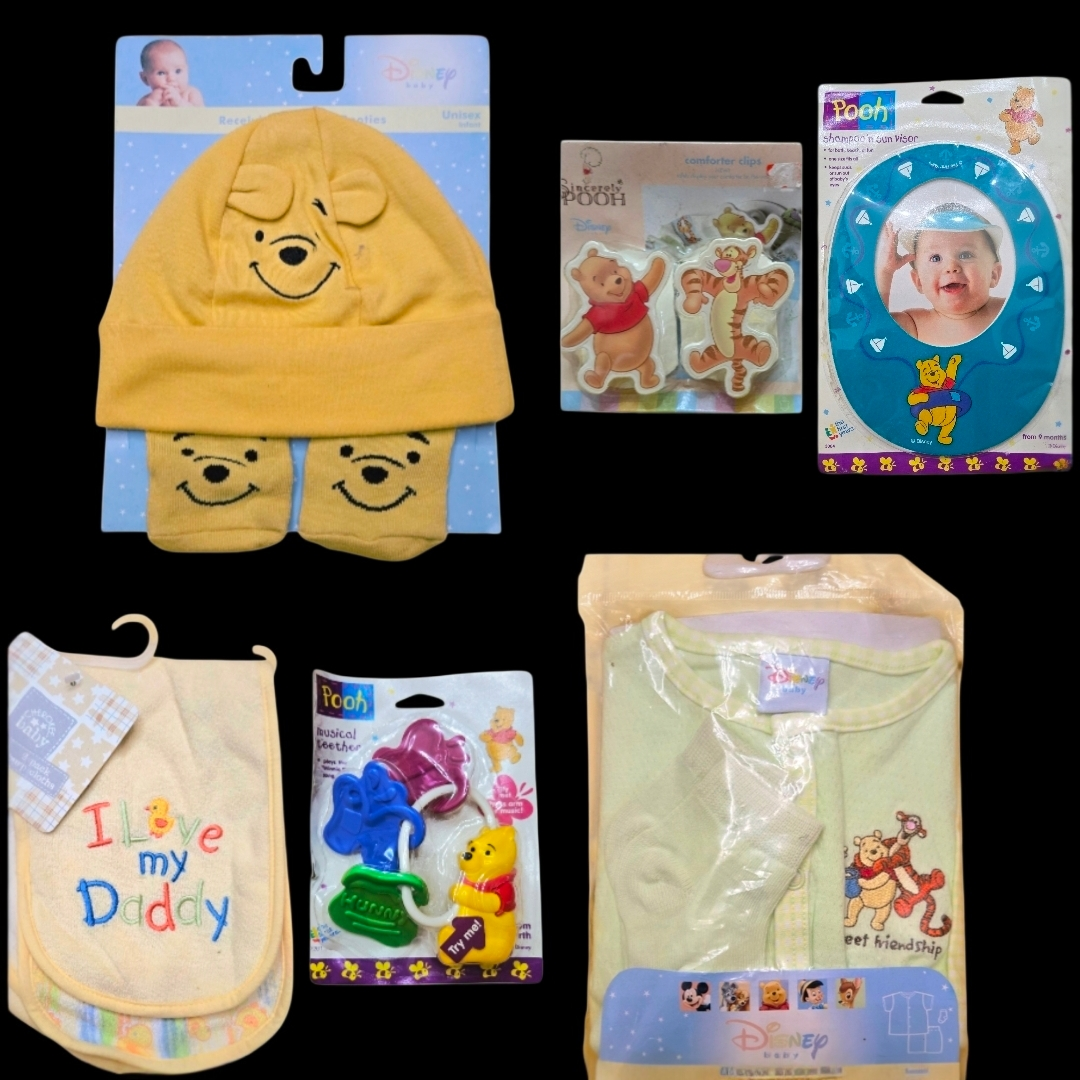 NIP *Winnie-the-Pooh 6pc Collection: Cover Set, Hoodie, Burp, Teether, Bath Cap, Clips +