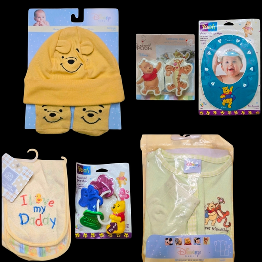 NIP *Winnie-the-Pooh 6pc Collection: Cover Set, Hoodie, Burp, Teether, Bath Cap, Clips +