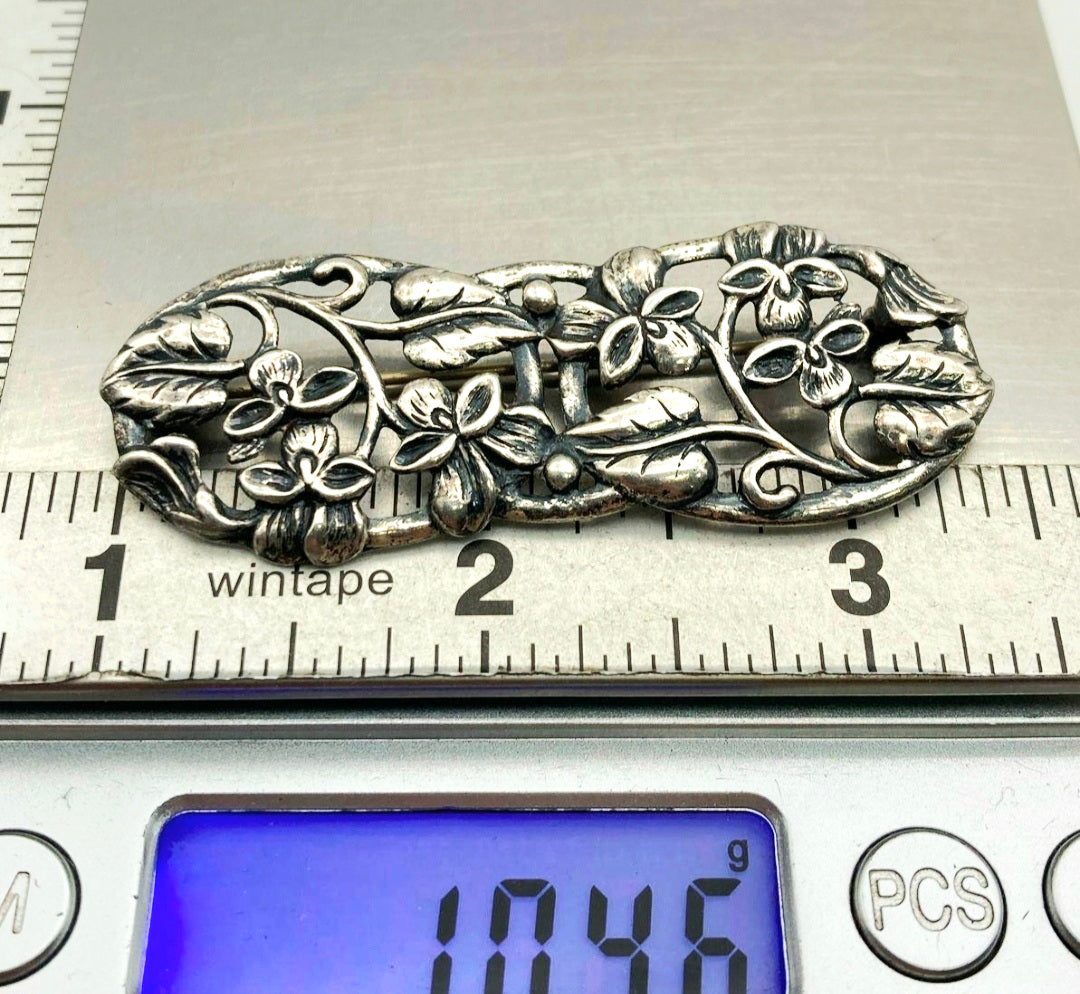 Vintage *Art Nouveau-Style Floral Bar Brooch by "Danecraft".925 Sterling Silver