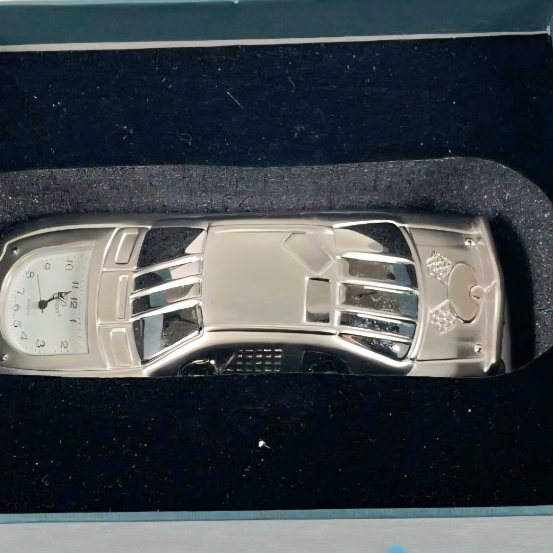 Great *Platinum Diecast Race Car w/ Quartz Clock (5" Long) Original Box
