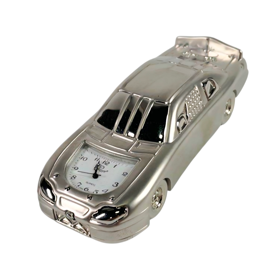 Great *Platinum Diecast Race Car w/ Quartz Clock (5" Long) Original Box