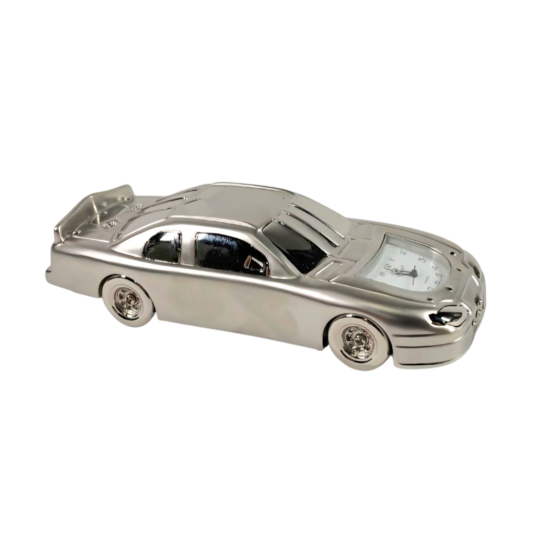 Great *Platinum Diecast Race Car w/ Quartz Clock (5" Long) Original Box