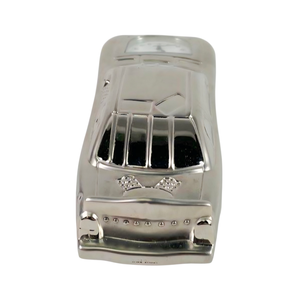 Great *Platinum Diecast Race Car w/ Quartz Clock (5" Long) Original Box