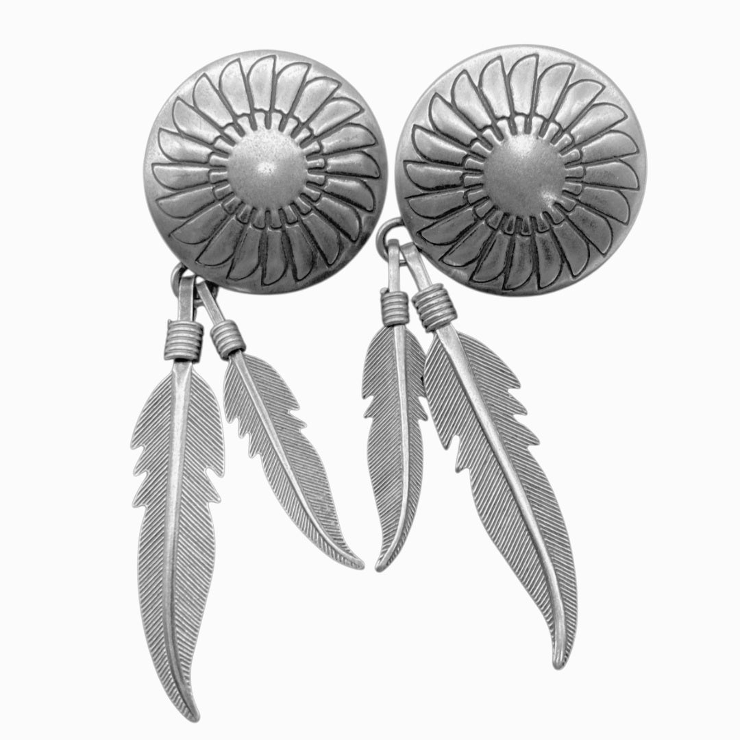 Stunning *SW Sterling Silver Etched Fan Design Feather Hinged Dangle Earrings