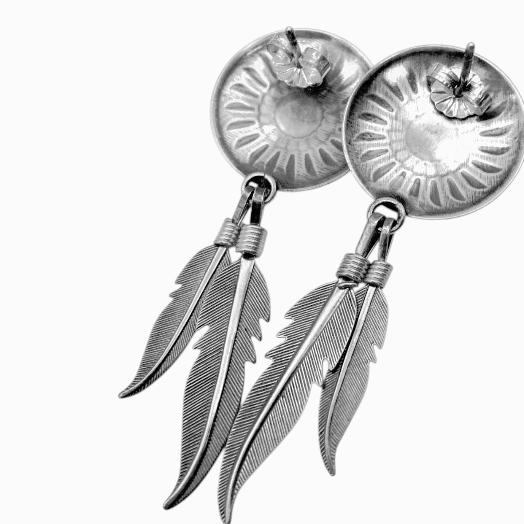 Stunning *SW Sterling Silver Etched Fan Design Feather Hinged Dangle Earrings