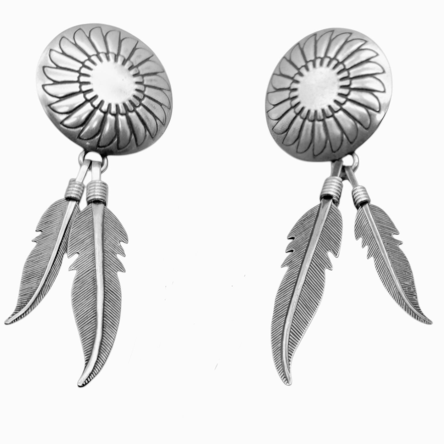 Stunning *SW Sterling Silver Etched Fan Design Feather Hinged Dangle Earrings