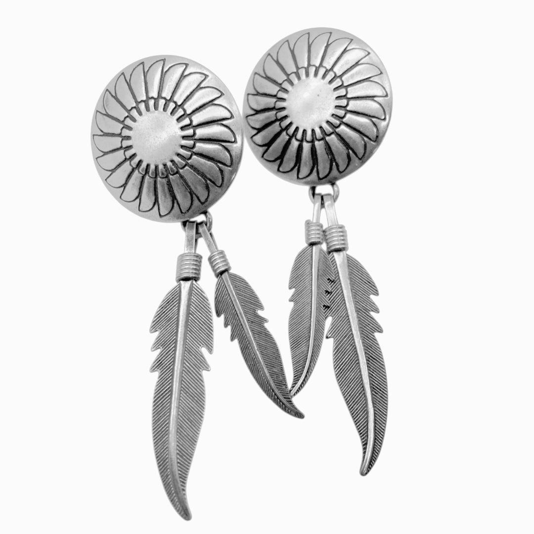 Stunning *SW Sterling Silver Etched Fan Design Feather Hinged Dangle Earrings