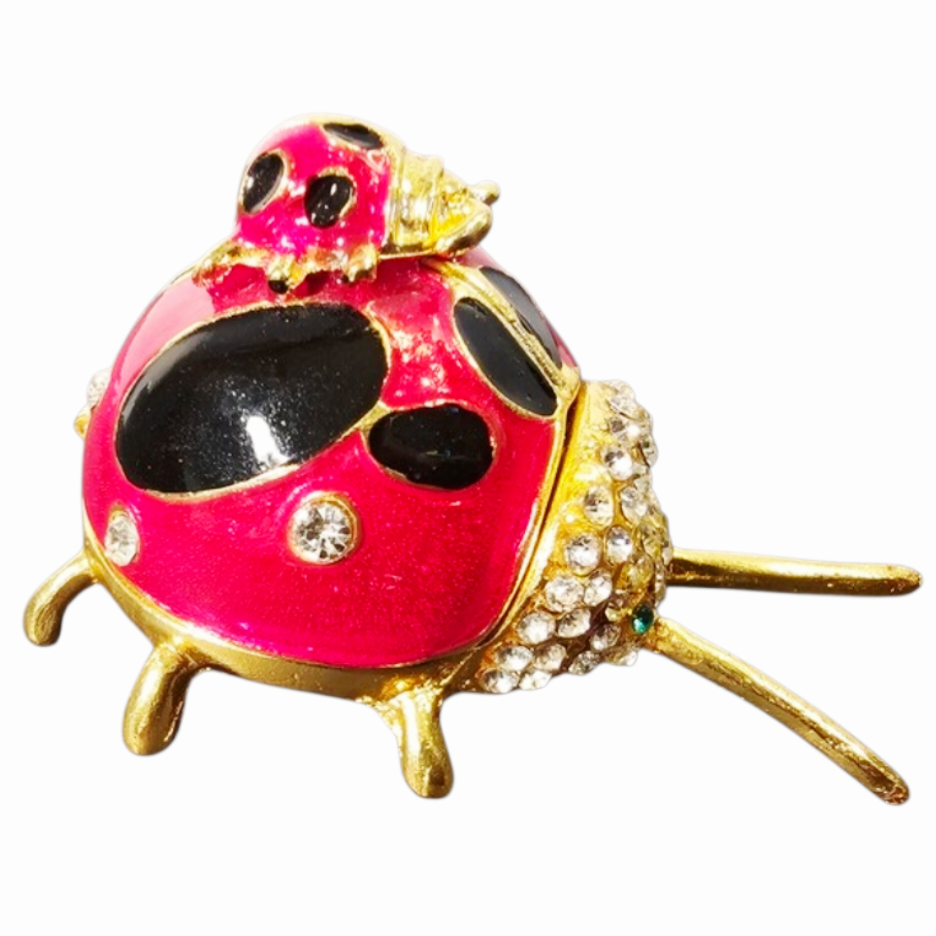 Beautiful *Ladybug & Baby Enameled Rhinestone Trinket Box w/ Magnetic Closure