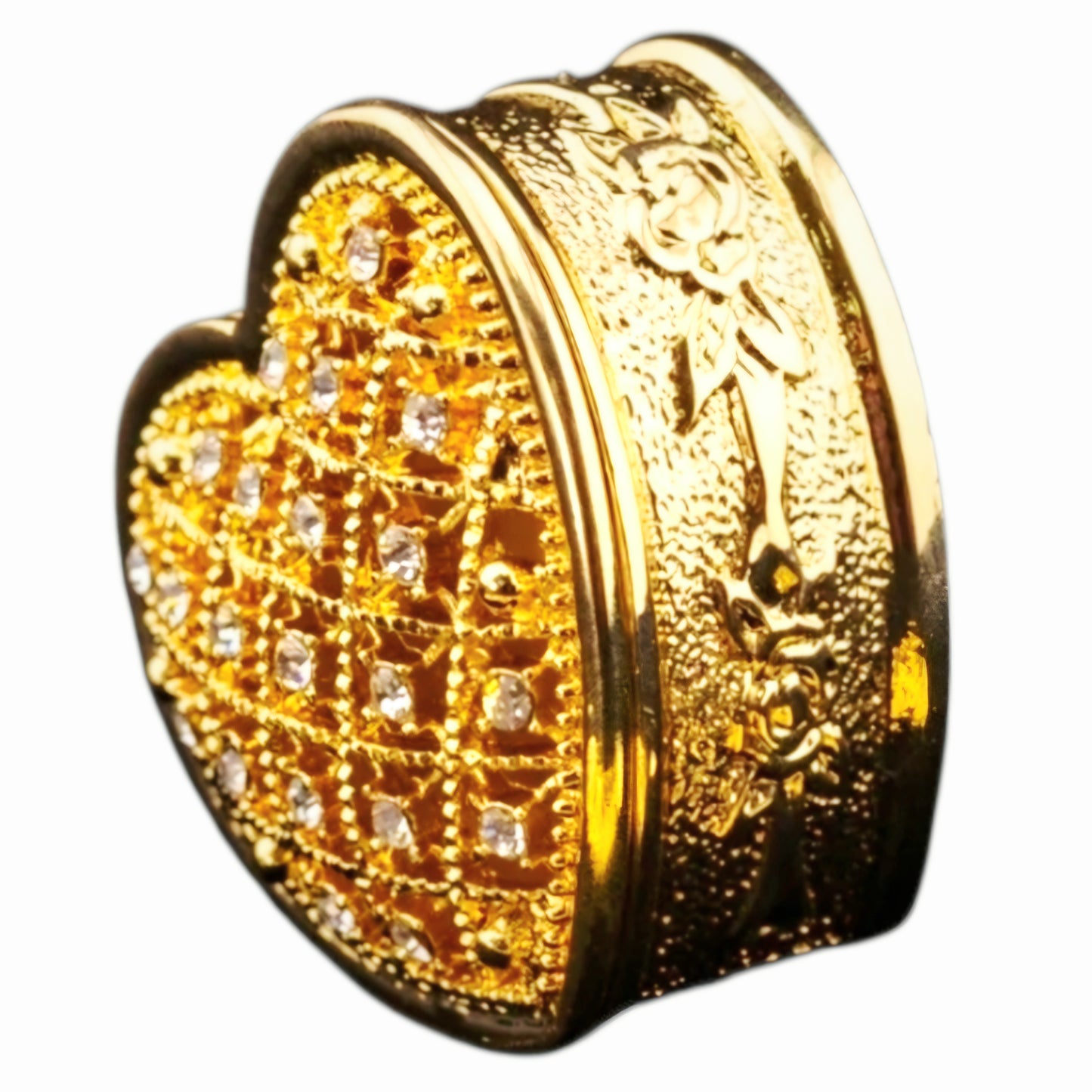 Cute *TINGKU Gold Colored, Heart Shaped Jewelry Box w/ Crystal-Studded Lattice Lid