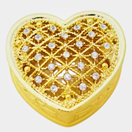 Cute *TINGKU Gold Colored, Heart Shaped Jewelry Box w/ Crystal-Studded Lattice Lid