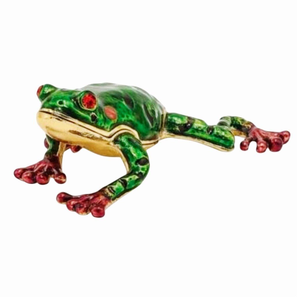Amazing *Bejeweled FRANK Red Eyed Green Pond Frog Pewter Trinket Box