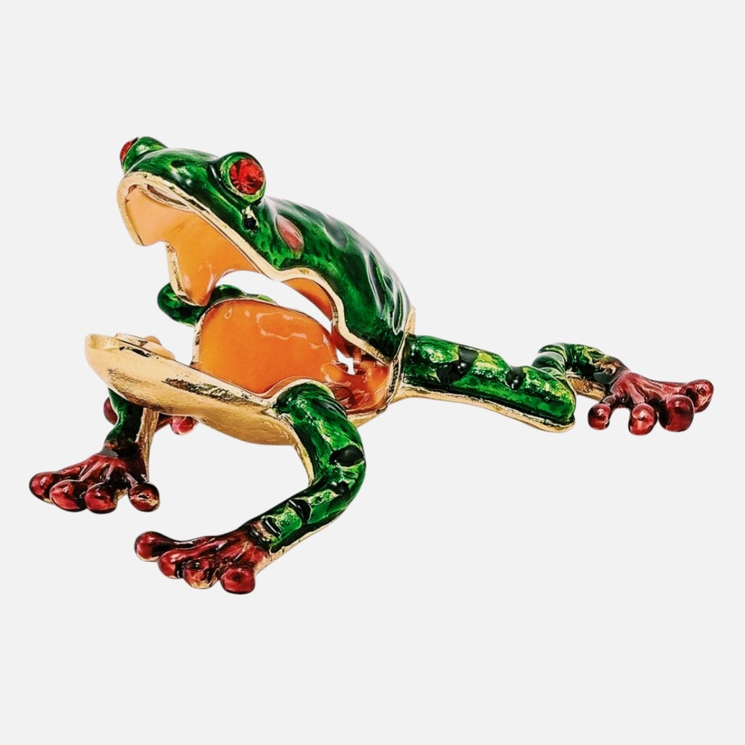 Amazing *Bejeweled FRANK Red Eyed Green Pond Frog Pewter Trinket Box