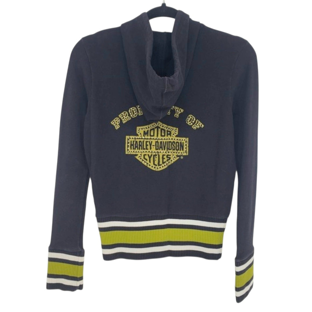 Vtg. *Harley-Davidson "Property Of" Hoodie Rhinestone & Striped Trim (M)