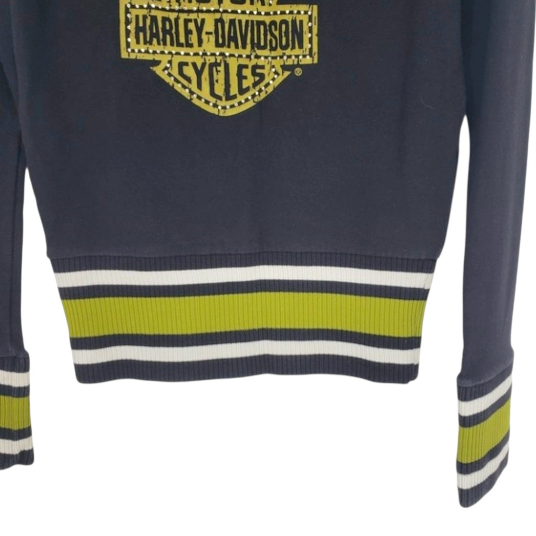 Vtg. *Harley-Davidson "Property Of" Hoodie Rhinestone & Striped Trim (M)