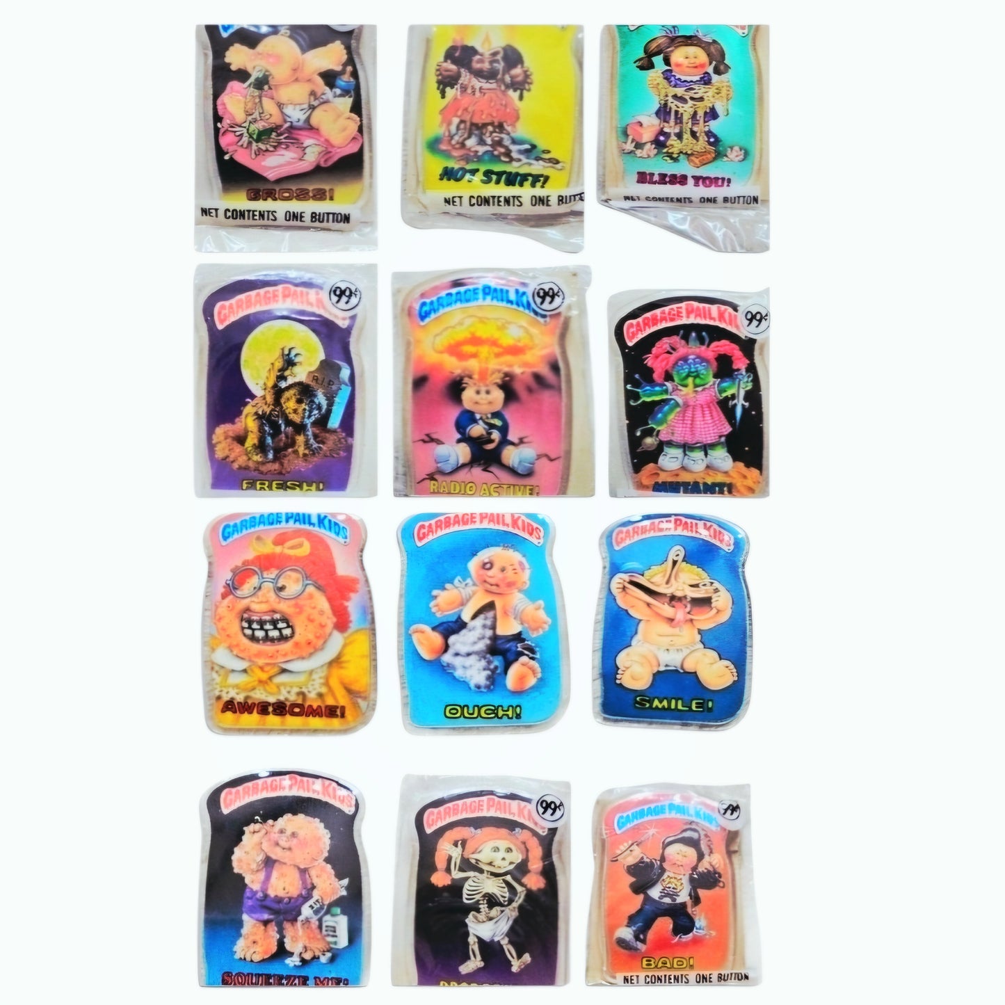 12 Garbage Pail Kids Buttons Complete Set 1986 Adam Bomb, Fresh Zombie & More