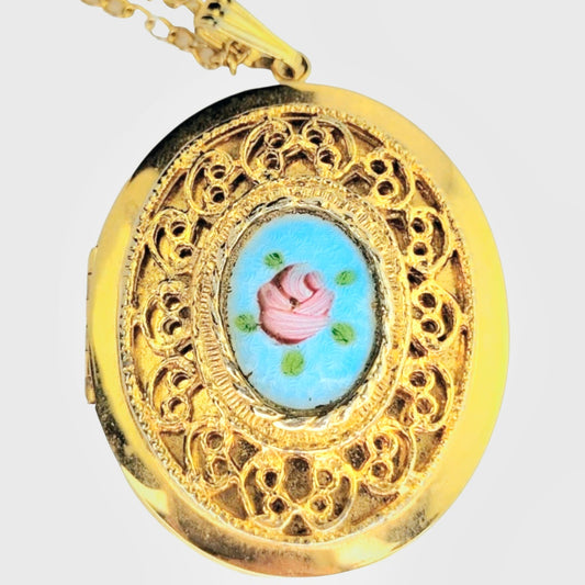 Vintage Gold Filigree Locket with Hand-Painted Rose & Blue Guilloche Enamel