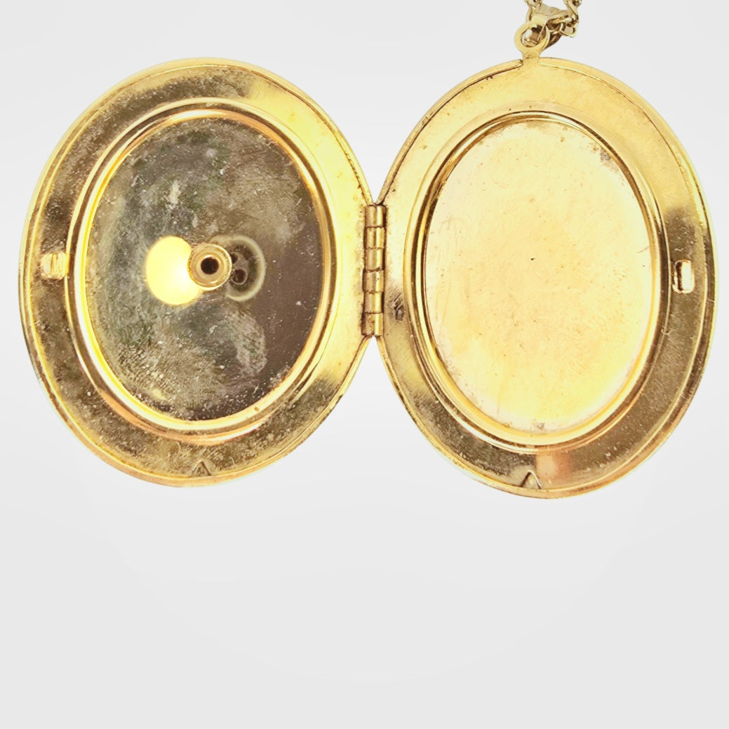 Vintage Gold Filigree Locket with Hand-Painted Rose & Blue Guilloche Enamel