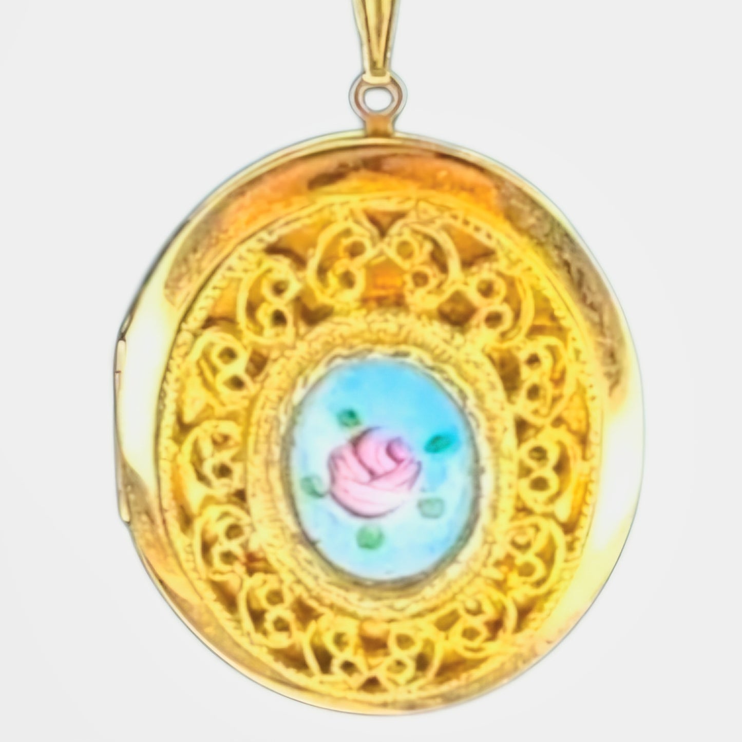 Vintage Gold Filigree Locket with Hand-Painted Rose & Blue Guilloche Enamel