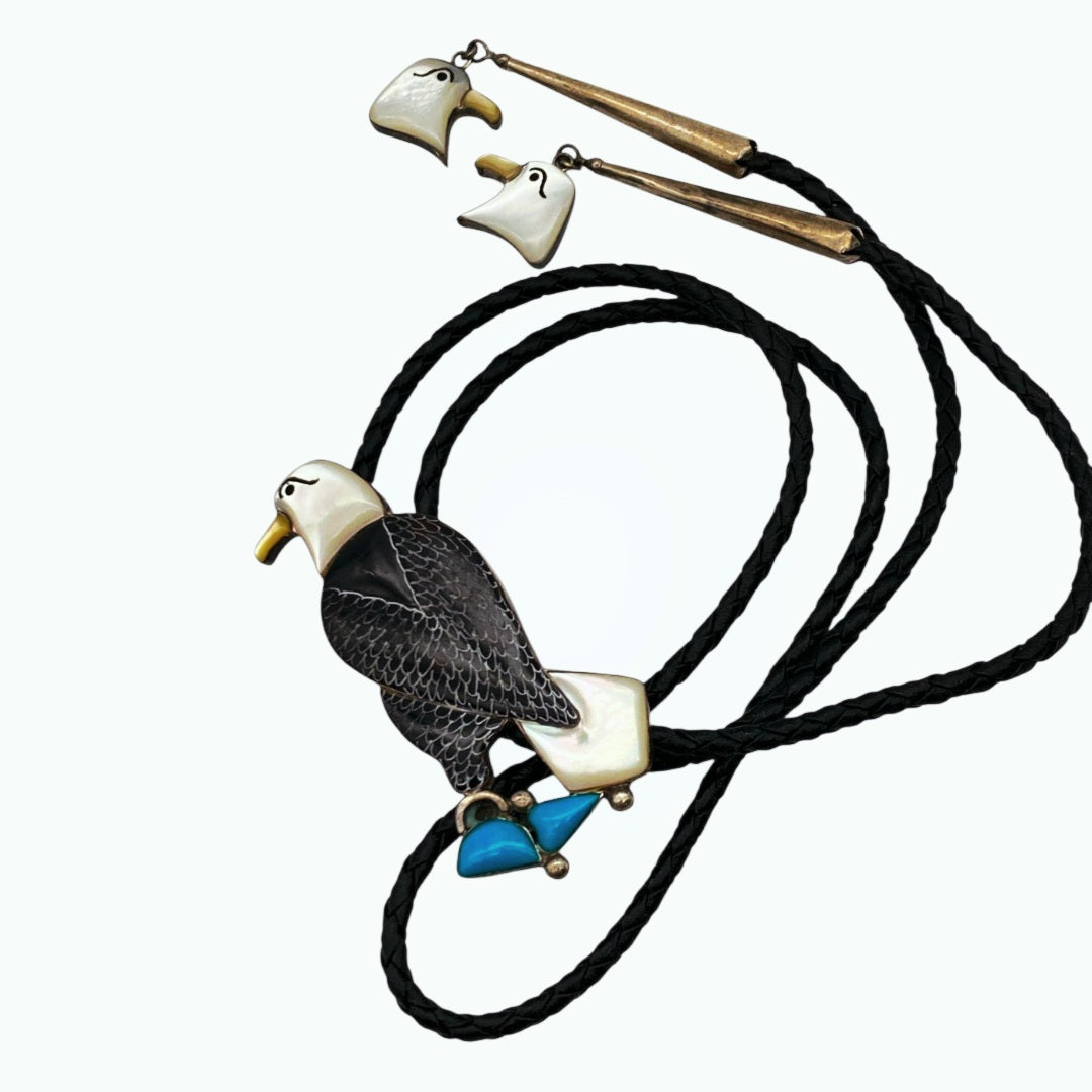 Authentic *Vtg Native Sterling Silver Eagle Inlay Bolo Tie Turquoise / Mother of Pearl