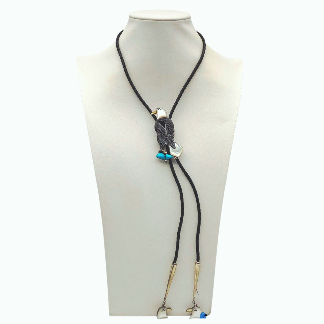 Authentic *Vtg Native Sterling Silver Eagle Inlay Bolo Tie Turquoise / Mother of Pearl